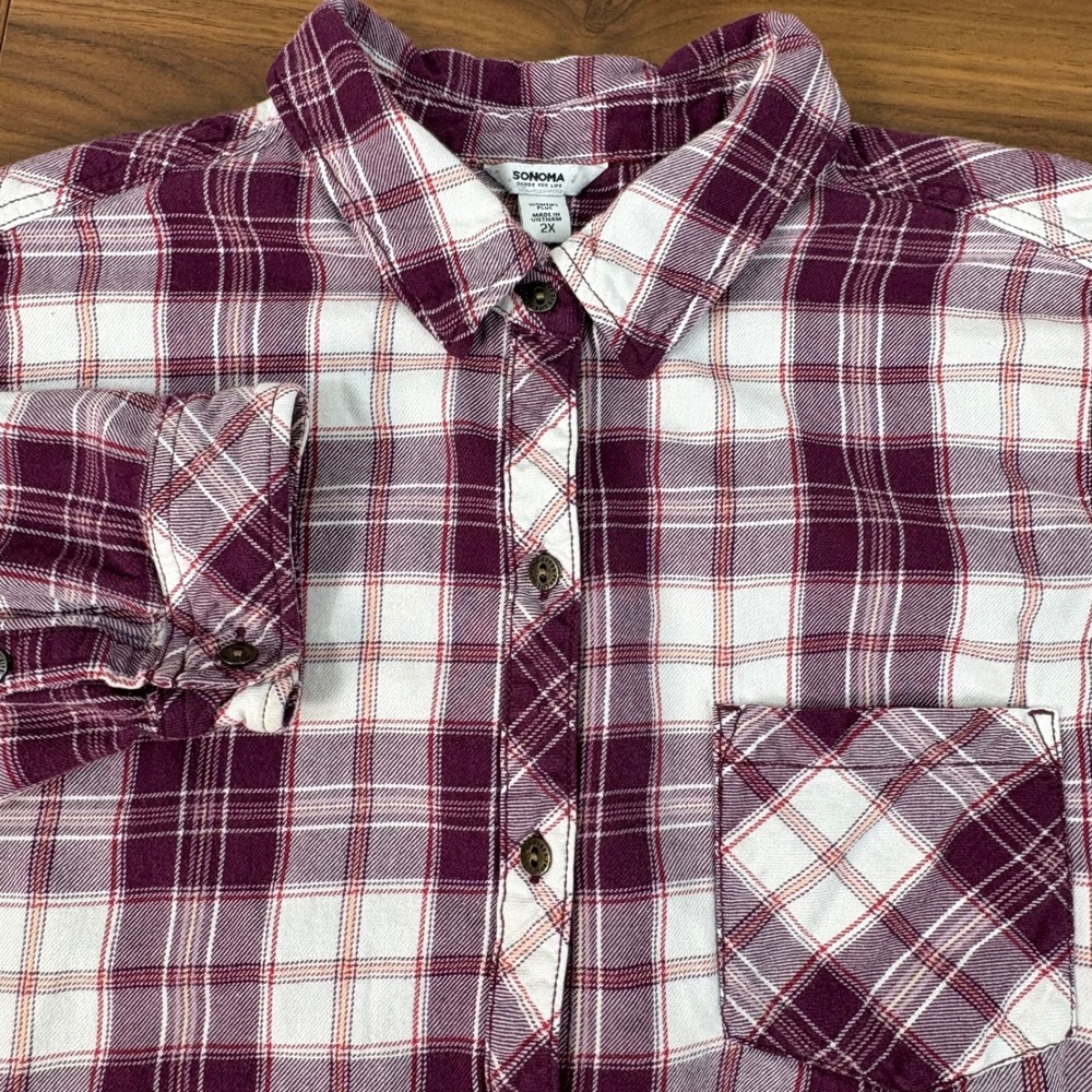 Sonoma Goods For Life Plus 2X Plaid Button Down Shirt Burgundy White Cotton